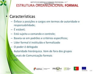 INSTITUTO DO EMPREGO E FORMAÇÃO PROFISSIONAL, I. P. 
Delegação Regional Norte
Centro de Emprego e Formação Profissional do Alto de Trás-os-Montes

ESTRUTURA ORGANIZACIONAL FORMAL

• Características
– Ênfase a posições e cargos em termos de autoridade e
responsabilidade;
– É estável;
– Está sujeita a comando e controle;
– Baseia-se em padrões e critérios específicos;
– Líder formal é instituído e formalizado
– O poder é delegado
– Autoridade hierárquica. Vem de fora dos grupos
– Canais de Comunicação formais
– etc

Formador: Mónica Gonçalves

159

 