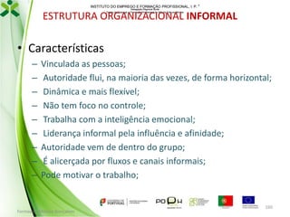 INSTITUTO DO EMPREGO E FORMAÇÃO PROFISSIONAL, I. P. 
Delegação Regional Norte
Centro de Emprego e Formação Profissional do Alto de Trás-os-Montes

ESTRUTURA ORGANIZACIONAL INFORMAL

• Características
–
–
–
–
–
–
–
–
–

Vinculada as pessoas;
Autoridade flui, na maioria das vezes, de forma horizontal;
Dinâmica e mais flexível;
Não tem foco no controle;
Trabalha com a inteligência emocional;
Liderança informal pela influência e afinidade;
Autoridade vem de dentro do grupo;
É alicerçada por fluxos e canais informais;
Pode motivar o trabalho;

Formador: Mónica Gonçalves

160

 