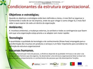 INSTITUTO DO EMPREGO E FORMAÇÃO PROFISSIONAL, I. P. 
Delegação Regional Norte
Centro de Emprego e Formação Profissional do Alto de Trás-os-Montes

Condicionantes da estrutura organizacional.
• Objetivos e estratégias;
Quando os objetivos e estratégias estão bem definidos e claros, é mais fácil se organizar e
Conhecendo a razão de ser da empresa, onde ela quer chegar e como chegar lá, é mais fácil
saber o que esperar de cada um dentro da organização

• Ambiente;
A incerteza ambiental, a mudanças externas, às variáveis e todas as contingencias que fazem
com que uma organização esteja pronta a se adaptar com maior rapidez

• Tecnologia
A quantidade e qualidade da tecnologia e de conhecimento (Know-how) empregada para a
transformação dos insumos em produtos e serviços é um fator importante para considerar na
definição da estrutura organizacional

• Recursos humanos.
A empresa funciona por meio de pessoas, a eficiência depende da qualidade intrínseca e do valor e da
integração dos homens que ela organiza. Ao desenvolver uma estrutura organizacional deve-se levar em
consideração o comportamento e o conhecimento das pessoas que irão desempenhar funções.

Formador: Mónica Gonçalves

170

 