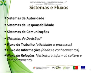 INSTITUTO DO EMPREGO E FORMAÇÃO PROFISSIONAL, I. P. 
Delegação Regional Norte
Centro de Emprego e Formação Profissional do Alto de Trás-os-Montes

Sistemas e Fluxos
 Sistemas de Autoridade
 Sistemas de Responsabilidade
 Sistemas de Comunicações
 Sistemas de Decisões*
 Fluxo de Trabalho (atividades e processos)
 Fluxo de Informações (dados e conhecimentos)
 Fluxo de Relações *(estrutura informal, cultura e
comportamento)
(Vasconcelos e Hemmel) – (Drucker) – (outros)
Formador: Mónica Gonçalves

171

 