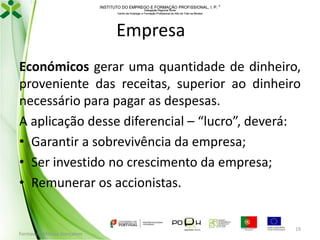 INSTITUTO DO EMPREGO E FORMAÇÃO PROFISSIONAL, I. P. 
Delegação Regional Norte
Centro de Emprego e Formação Profissional do Alto de Trás-os-Montes

Empresa
Económicos gerar uma quantidade de dinheiro,
proveniente das receitas, superior ao dinheiro
necessário para pagar as despesas.
A aplicação desse diferencial – “lucro”, deverá:
• Garantir a sobrevivência da empresa;
• Ser investido no crescimento da empresa;
• Remunerar os accionistas.

Formador: Mónica Gonçalves

19

 
