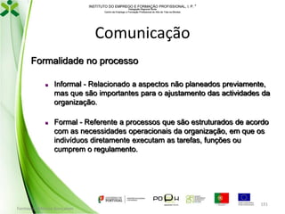 INSTITUTO DO EMPREGO E FORMAÇÃO PROFISSIONAL, I. P. 
Delegação Regional Norte
Centro de Emprego e Formação Profissional do Alto de Trás-os-Montes

Comunicação
Formalidade no processo




Informal - Relacionado a aspectos não planeados previamente,
mas que são importantes para o ajustamento das actividades da
organização.
Formal - Referente a processos que são estruturados de acordo
com as necessidades operacionais da organização, em que os
indivíduos diretamente executam as tarefas, funções ou
cumprem o regulamento.

Formador: Mónica Gonçalves

191

 