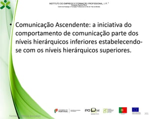 INSTITUTO DO EMPREGO E FORMAÇÃO PROFISSIONAL, I. P. 
Delegação Regional Norte
Centro de Emprego e Formação Profissional do Alto de Trás-os-Montes

• Comunicação Ascendente: a iniciativa do
comportamento de comunicação parte dos
níveis hierárquicos inferiores estabelecendose com os níveis hierárquicos superiores.

Formador: Mónica Gonçalves

201

 
