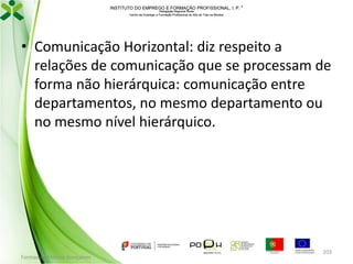 INSTITUTO DO EMPREGO E FORMAÇÃO PROFISSIONAL, I. P. 
Delegação Regional Norte
Centro de Emprego e Formação Profissional do Alto de Trás-os-Montes

• Comunicação Horizontal: diz respeito a
relações de comunicação que se processam de
forma não hierárquica: comunicação entre
departamentos, no mesmo departamento ou
no mesmo nível hierárquico.

Formador: Mónica Gonçalves

203

 