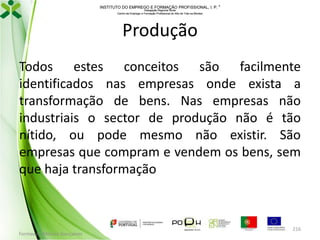 INSTITUTO DO EMPREGO E FORMAÇÃO PROFISSIONAL, I. P. 
Delegação Regional Norte
Centro de Emprego e Formação Profissional do Alto de Trás-os-Montes

Produção
Todos estes conceitos são facilmente
identificados nas empresas onde exista a
transformação de bens. Nas empresas não
industriais o sector de produção não é tão
nítido, ou pode mesmo não existir. São
empresas que compram e vendem os bens, sem
que haja transformação

Formador: Mónica Gonçalves

216

 
