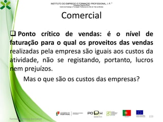 INSTITUTO DO EMPREGO E FORMAÇÃO PROFISSIONAL, I. P. 
Delegação Regional Norte
Centro de Emprego e Formação Profissional do Alto de Trás-os-Montes

Comercial
 Ponto crítico de vendas: é o nível de
faturação para o qual os proveitos das vendas
realizadas pela empresa são iguais aos custos da
atividade, não se registando, portanto, lucros
nem prejuízos.
Mas o que são os custos das empresas?

Formador: Mónica Gonçalves

223

 