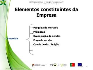 INSTITUTO DO EMPREGO E FORMAÇÃO PROFISSIONAL, I. P. 
Delegação Regional Norte
Centro de Emprego e Formação Profissional do Alto de Trás-os-Montes

Elementos constituintes da
Empresa
Pesquisa de mercado
Promoção
Comerciais

Organização de vendas
Força de vendas
Canais de distribuição

Formador: Mónica Gonçalves

34

 