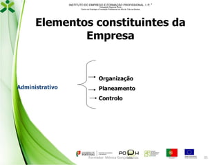INSTITUTO DO EMPREGO E FORMAÇÃO PROFISSIONAL, I. P. 
Delegação Regional Norte
Centro de Emprego e Formação Profissional do Alto de Trás-os-Montes

Elementos constituintes da
Empresa

Organização
Administrativo

Planeamento
Controlo

Formador: Mónica Gonçalves

35

 