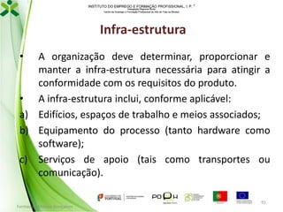 INSTITUTO DO EMPREGO E FORMAÇÃO PROFISSIONAL, I. P. 
Delegação Regional Norte
Centro de Emprego e Formação Profissional do Alto de Trás-os-Montes

Infra-estrutura
•

A organização deve determinar, proporcionar e
manter a infra-estrutura necessária para atingir a
conformidade com os requisitos do produto.
• A infra-estrutura inclui, conforme aplicável:
a) Edifícios, espaços de trabalho e meios associados;
b) Equipamento do processo (tanto hardware como
software);
c) Serviços de apoio (tais como transportes ou
comunicação).
Formador: Mónica Gonçalves

91

 
