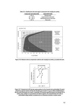 133
Tabla 13-1. Clasificación del suelo según la saturación del complejo de cambio.
TASA DE SATURACIÓN DESCRIPCIÓN
< 40 % Desaturado
40 – 50 % Ligeramente saturado
50 – 80 % Moderadamente saturado
> 80 % Saturado
0 10 20 30 40 50 60 70 80 90 100
9
8
7
6
5
4
Na
Ca y Mg
K
H
Al
SUELOS MUY
BÁSICOS Y
SALINO-
ALCALINOS
SUELOS
LIGERAMENTE
BÁSICOS,
NEUTROS Y
LIGERAMENTE
ÁCIDOS
SUELOS
MUY
ÁCIDOS
SATURACIÓNDESATURACIÓN
pH (H2O 1:2.5)
% CATIONES
Figura 13-6. Relación entre la composición catiónica del complejo de cambio y la acidez del suelo.
0
20
40
60
80
100
120
140
160
180
0 10 20 30 40
CIC (cmol(+)/kg)
profundidad(cm)
I II
Figura 13-7. Variación de la CIC de dos suelos pardos (I y II) en función de la profundidad. El suelo I
presenta en general valores de CIC más elevados que el suelo II, lo que se debe probablemente al
tipo de arcilla dominante (en el perfil I, esmectita). El horizonte superficial posee una elevada CIC en
ambos casos, debido a la acumulación de materia orgánica. El comportamiento de la CIC en
profundidad refleja también la existencia de un horizonte de lavado en ambos suelos
 