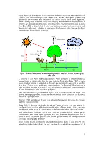 5
Desde el punto de vista científico el suelo constituye el objeto de estudio de la Edafología, la cual
lo define como "ente natural organizado e independiente, con unos constituyentes, propiedades y
génesis que son el resultado de la actuación de una serie de factores activos (clima, organismos,
relieve y tiempo) sobre un material pasivo (la roca madre)". El suelo forma un sistema abierto a la
atmósfera y la coreteza que almacena de forma temporal los recursos necesarios para los seres
vivos (Figura 1-2). La disponibilidad de estos recursos (agua, energía, nutrientes minerales, etc.)
depende de la intensidad y velocidad de los procesos de intercambio entre el suelo y el resto de
compartimentos de los sistemas ecológicos.
Nutrientes Agua
O2 CO2
FOTOSÍNTESIS
CO2 O2
Materia
orgánica
Calor
RESPIRACIÓN
Nutrientes Agua
O2 CO2
FOTOSÍNTESIS
CO2 O2
Materia
orgánica
Calor
RESPIRACIÓN
Figura 1-2. Ciclos e intercambios de materia y energíaentre la atmósfera, el suelo, la corteza y los
seres vivos.
El concepto de suelo ha ido modificándose conforme ha ido avanzando el conocimiento de sus
componentes y la relación entre ellos. Así, para el alemán Frank Albert Fallou (1862), el suelo
puede considerarse como “el producto de la alteración, que, como dientes, va royendo la superficie
de la tierra”. En este mismo sentido, para el también alemán Emil Ramann (1928), el suelo es “la
capa superior de alteración de la corteza”. Lavy, pensaba que el suelo no era más que una clase
de roca. Se trata de conceptos meramente geológicos.
Para el norteamericano Eugene Woldemar Hilgard (1906), con una formación más amplia como
geólogo, edafólogo y agrónomo, el suelo era ”el material más o menos suelto en el que las plantas
encuentran soporte y nutrición”.
Robinson (1930) afirmaba que el suelo es la alteración físico-química de la roca, los residuos
orgánicos y los excrementos.
Según Walter L. Kubiena, investigador afincado en España, “el suelo es la capa viviente de
transformación de la corteza sólida terrestre surgida bajo el influjo de la vida y de las especiales
condicions del hábitat biológico, sometida a un constante cambio estacional y desarrollo peculiar”.
José María Albareda definió en 1940 el suelo como “una formación limítrofe, zona en que se
compenetran la parte sólida, líquida y gaseosa de la tierra, lo mineral inorgánico, seres vivos y
restos de la vida, crecimientos y destrucciones, lavados y evaporaciones, una complejidad natural
sometida a una complejidad dinámica”.
Desde el punto de vista científico más actualizado, la Edafología define el suelo como “un ente
natural organizado e independiente, con unos constituyentes, propiedades y génesis que son el
 