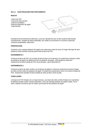 ES 1.1 ELECTRIZACIÓN POR FROTAMIENTO
Material
1 barra de PVC
1 barra de vidrio acrílico
1 lámina de plástico
Pedazos pequeños de papel
Trapo de lana
Estudiaremos los fenómenos eléctricos, como por ejemplo los que se dan al peinar pelo lavado
recientemente. También las fibras artificiales, las cuales se encuentran en muchas sustancias,
muestran propiedades „eléctricas“.
PREPARACIÓN
Cortamos unos cuantos pedazos de papel y los colocamos sobre la mesa. En lugar del trapo de lana
podemos utiizar también el jersey para frotar la barra de PVC.
EXPERIMENTO 1
Frotamos la barra de PVC con el trapo de lana (o bien con el jersey) y lo sostenemos entonces sobre
los pedazos de papel. No debemos tocar los pedazos de papel. ¿Qué podemos observar?
Sostenemos la barra frotada de PVC cerca del pelo. ¿Qué observamos?
EXPERIMENTO 2
Frotamos la barra de vidrio acrílico con la lámina de plástico. Entonces sostenemos la barra frotada
de vidrio acrílico sobre los pedazos de papel. Procedemos exactamente como con la barra frotada de
PVC. Sostenemos también la barra frotada de vidrio acrílico contra el pelo.
CONCLUSIÓN
Una barra de PVC frotada con un trapo de lana y una barra de vidrio acrílico frotada con una lámina
de plástico pueden atraer cuerpos pequeños, como por ejemplo pedazos de papel o pelos. Por lo
tanto, realizan una fuerza que es mayor que el peso de los pedazos de papel.
 FRUHMANN GmbH, 7372 Karl, Austria
 