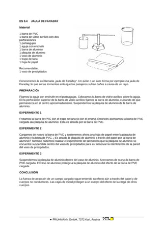 ES 3.4 JAULA DE FARADAY
Material
1 barra de PVC
1 barra de vidrio acrílico con dos
perforaciones
1 portaagujas
1 aguja con enchufe
1 barra de aluminio
1 plaquita de alumino
1 vaso de aluminio
1 trapo de lana
1 hoja de papel
Recomendable:
1 vaso de precipitados
Conoceremos la así llamada „jaula de Faraday“. Un avión o un auto forma por ejemplo una jaula de
Faraday, lo que en las tormentas evita que los pasajeros sufran daños a causa de un rayo.
PREPARACIÓN
Fijamos la aguja con enchufe en el portaagujas. Colocamos la barra de vidrio acrílico sobre la aguja.
En la perforación superior de la barra de vidrio acrílico fijamos la barra de aluminio, cuidando de que
permanezca en el centro aproximadamente. Suspendemos la plaquita de aluminio de la barra de
aluminio.
EXPERIMENTO 1
Frotamos la barra de PVC con el trapo de lana (o con el jersey). Entonces acercamos la barra de PVC
cargada ala plaquita de aluminio. Esta es atraída por la barra de PVC.
EXPERIMENTO 2
Cargamos de nuevo la barra de PVC y sostenemos ahora una hoja de papel entre la plaquita de
aluminio y la barra de PVC. ¿Es atraída la plaquita de aluminio a través del papel por la barra de
aluminio? También podemos realizar el experimento de tal manera que la plaquita de aluminio se
encuentre suspendida dentro del vaso de precipitados para así observar la interferencia de la pared
del vaso de precipitados.
EXPERIMENTO 3
Suspendemos la plaquita de aluminio dentro del vaso de aluminio. Acercamos de nuevo la barra de
PVC cargada. El vaso de aluminio protege a la plaquita de aluminio del efecto de la barra de PVC
cargada.
CONCLUSIÓN
La fuerza de atracción de un cuerpo cargado sigue teniendo su efecto aún a través del papel y de
cuerpos no conductores. Las cajas de metal protegen a un cuerpo del efecto de la carga de otros
cuerpos.
 FRUHMANN GmbH, 7372 Karl, Austria
 
