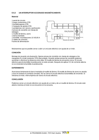 E 6.3 UN INTERRUPTOR ACCIONADO MAGNÉTICAMENTE
Material
1 panel de circuito
Resorte de lámina
1 juego conductores STB
1 portalámaparas STB
1 manguito de apriete STB
1 portapinzas con ranura y perforación
2 pinzas de cocodrilo con clavija de
vástagos
1 muelle de lámina, acero
1 barra imantada
1 bombilla incandescente 10 V/0,05 A
2 cables de conexión
Fuente de alimentación
Mostraremos que es posible cerrar o abrir un circcuito eléctrico con ayuda de un imán.
CONEXIÓN
Montaje de acuerdo a la ilustración. fijamos pinzas de cocodrilo con clavija de vástagos a los
manguitos R y A del conductor STB interrumpido. Girando ambas pinzas de cocodrilo podemos
aumentar o disminuir la distancia entre ellas. El muelle de lámina se encuentra cerca. El circuito
eléctrico para la bombilla incandescente no está cerrado. Después de aplicar 9 V de corriente alterna
no se enciende la bombilla incandescente.
EXPERIMENTO
Acercamos lentamente la barra imantada al muelle de lámina. El muelle de lámina de acero es atraído
y toca el contacto A (contacto cerrado). Así se cierra el circuito eléctrico la bombillas de enciende. Si
retiramos el imán, interrumpimos de nuevo el circuito eléctrico.
CONCLUSIÓN
Podemos cerrar un circuito eléctrico con ayuda de un imán y de un muelle de lámina. El circuito está
abierto mientras el imán no se encuentre en la cercanía.
 FRUHMANN GmbH, 7372 Karl, Austria
 