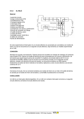 E 6.4 EL RELÉ
Material
Resorte de lámina
1 panel de circuito
1 juego conductores STB
1 portalámparas STB
1 manguito apriete STB
1 interruptor STB
1 bobina STB 800 esp.
1 bobina azul 800 esp.
1 portapinzas con ranura y perforación
2 pinzas de cocodrilo con clavija
1 muelle de lámina, acero
1 núcleo de hierro
1 bombilla incand. 10V/0´05 A
4 cables de conexión
Fuente de alimentación
En este experimento el interruptor en un circuito eléctrico es accionado por una bobina con núcleo de
hierro, la cual se encuentra en un segundo circuito eléctrico. Aquí tenemos un modelo experimental
de un relé.
CONEXIÓN
Montaje de acuerdo a la ilustración. Fijamos pinzas de cocodrilo con clavijas de vástagos al conductor
interrumpido STB. Fijamos el muelle de lámina de acero al portapinzas con ranura y perforación, de
tal manera que aquel toque la pinza de cocodrilo R. al aplicar una tensión alterna de 9 V no se
enciende la bombilla, debido a que el circuito no se encuentra cerrado. En el segundo circuito
eléctrico, situado a la derecha (circuito de mando), se encuentra la bobina con 800 espiras.
Deslizamos el núcleo de hierro redondo en la bobina. Aplicamos a este circuito eléctrico una tensión
continua de 12 V.
EXPERIMENTO
Cerramos el circuito. Así se convierte la bobina con núcleo de hierro en un imán. El muelle de lámina
es atraído por el núcleo de hierro de la bobina. La bombilla incandescente se enciende.
CONCLUSIÓN
Un relé es un interruptor electromagnético. En un relé con contacto interruptor cerramos un segundo
circuito eléctrico cerrando el circuito eléctrico de mando.
 FRUHMANN GmbH, 7372 Karl, Austria
 