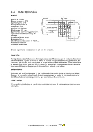 E 6.5 RELÉ DE CONMUTACIÓN
Material
1 panel de circuito
1 juego conuctores STB
2 portalámparas STB
1 manguito apriete STB
1 interruptor STB Resorte de lámina
1 bobina STB 800 esp.
1 bobina azul 800 esp.
1 portapinzas con ranura y perforación
2 pinzas de cocodrilo con clavija de
vástagos
1 muelle de lámina, acero
1 núcleo de hierro
2 bombillas incandescentes 10 V/0,05 A
4 cables de conexión
Fuente de alimentación
En este experimento conoceremos un relé con dos contactos.
CONEXIÓN
Montaje de acuerdo a la ilustración. fijamos pinzas de cocodrilo con clavijas de vástagos al conductor
interrumpido STB. Fijamos el muelle de lámina de acero al portapinzas con ranura y perforación, de
tal manera que toque la pinza de cocodrilo R. Al aplicar una corriente alterna de 9 V debe encenderse
la bombilla derecha. En el circuito eléctrico situado a la derecha (circuito de mando) se encuentra la
bobina con 800 espiras. Deslizamos el núcleo de hierro redondo en la bobina.
EXPERIMENTO
Aplicamos una tensión continua de 12 V al circuito de la derecha, en el cual se encuentra la bobina.
Después de cerrar el circuito el muelle de lámina es atraido por el núcleo de hierro de la bobina. La
bombilla de la derecha se apaga, mientras que la de la izquierda se enciende.
CONCLUSIÓN
Al cerrar el circuito eléctrico de mando interrumpimos un contacto de reposo y cerramos un contacto
interruptor.
 FRUHMANN GmbH, 7372 Karl, Austria
 