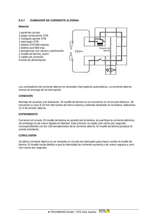 E 6.7 ZUMBADOR DE CORRIENTE ALTERNA
Material
Resorte de
lámina
1 panel de circuito
1 juego conductores STB
1 manguito apriete STB
1 interruptor STB
1 bobina STB 800 espiras
1 bobina azul 800 esp.
1 portapinzas con ranura y perforación
1 muelle de lámina, acero
2 cables de conexión
Fuente de alimentación
Los zumbadores de corriente alterna no necesitan interruptores automáticos. La corriente alterna
misma se encarga de la interrupción.
CONEXIÓN
Montaje de acuerdo a la ilustración. El muelle de lámina no se encuentra en el circuito eléctrico. Se
encuentra a unos 8-10 mm del núcleo de hierro masivo y redondo deslizado en la bobina. Aplicamos
12 V de tensión alterna.
EXPERIMENTO
Cerramos el circuito. El muelle de lámina es atraído por la bobina, la cual fluye la corriente eléctrica;
sin embargo es de nuevo dejada en libertad. Este proceso se repite cien veces por segundo,
correspondiendo con los 100 semiperíodos de la corriente alterna. El muelle de lámina produce el
sonido estridente.
CONCLUSIÓN
Al utilizar corriente alterna no se necesita un circuito de interruptor para hacer oscilar el muelle de
lámina. El muelle oscila debido a que la intensidad de corriente aumenta y de nuevo regresa a cero
cien veces por segundo.
 FRUHMANN GmbH, 7372 Karl, Austria
 