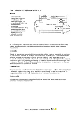 E 6.8 MODELO DE UN FUSIBLE MAGNÉTICO
Material
Latón
Resorte de lámina
1 panel de circuito
1 juego conductores STB
1 portalámparas STB
2 manguitos apriente STB
1 portabobinas STB 800 esp.
1 núcleo de hierro
2 portapinzas
1 pinza de cocodrilo con clavija
1 resorte de lámina latón
1 resorte de lámina hierro
1 bobilla 10V/0,05 A
3 cables de conexión
Fuente de alimentación
Un fusible magnético debe interrumpir el circuito eléctrico en caso de un cortocircuito. En nuestro
modelo, después de reparar el cortocircuito, debemos engatillar de nuevo el fusible magnético
manualmente.
CONEXIÓN
Montaje de acuerdo a la ilustración. El muelle de lámina de latón mantiene su posición de reposo de
acuerdo a la línea punteada. El muelle es presionado por el muelle de acero hacia arriba contra las
pinzas de cocodrilo con clavijas de vástagos fijas en el manguito K. Así se cierra el contacto.
En caso de cortocircuito, el muelle de lámina de acero es atraído por la bobina (con núcleo de acero)
mientras que libera al muelle de lámina de latón. El muelle de lámina de latón se dispara hacia abajo
e interrumpe el circuito eléctrico. El muelle de lámina de acero mismo no se encuentra en el circuito
eléctrico. Aplicamos 12 V de tensión continua.
EXPERIMENTO
Después de ajustar cuidadosamente (el muelle de lámina se encuentra a 6-8 mm del núcleo de hierro
y presiona al muelle de latón hacia arriba al extremo) producimos el cortocircuito conectando los
manguitos señalados con A y B. El circuito eléctrico se interrumpe inmediatamente.
CONCLUSIÓN
El fusible magnético interrumpe el circuito eléctrico tan pronto como la intensidad de corriente
aumenta al producirse un cortocircuito.
 FRUHMANN GmbH, 7372 Karl, Austria
 