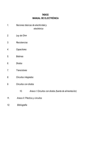ÍNDICE
MANUAL DE ELECTRÓNICA
1. Nociones básicas de electricidad y
electrónica
2. Ley de Ohm
3. Resistencias
4. Capacitores
5. Bobinas
6. Diodos
7. Transistores
8. Circuitos integrados
9. Circuitos con diodos
10. Anexo I: Circuitos con diodos (fuente de alimentación)
11. Anexo II: Práctica y circuitos
12. Bibliografía
 