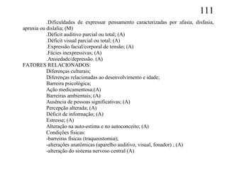 111
           .Dificuldades de expressar pensamento caracterizadas por afasia, disfasia,
apraxia ou dislalia; (M)
           .Déficit auditivo parcial ou total; (A)
           .Déficit visual parcial ou total; (A)
           .Expressão facial/corporal de tensão; (A)
           .Fácies inexpressivas; (A)
           .Ansiedade/depressão. (A)
FATORES RELACIONADOS:
           Diferenças culturais;
           Diferenças relacionadas ao desenvolvimento e idade;
           Barreira psicológica;
           Ação medicamentosa;(A)
           Barreiras ambientais; (A)
           Ausência de pessoas significativas; (A)
           Percepção alterada; (A)
           Déficit de informação; (A)
           Estresse; (A)
           Alteração na auto-estima e no autoconceito; (A)
           Condições físicas:
           -barreiras físicas (traqueostomia);
           -alterações anatômicas (aparelho auditivo, visual, fonador) ; (A)
           -alteração do sistema nervoso central (A)
 