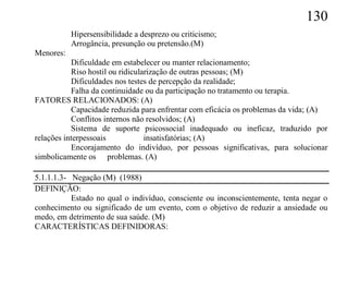 130
           Hipersensibilidade a desprezo ou criticismo;
           Arrogância, presunção ou pretensão.(M)
Menores:
           Dificuldade em estabelecer ou manter relacionamento;
           Riso hostil ou ridicularização de outras pessoas; (M)
           Dificuldades nos testes de percepção da realidade;
           Falha da continuidade ou da participação no tratamento ou terapia.
FATORES RELACIONADOS: (A)
           Capacidade reduzida para enfrentar com eficácia os problemas da vida; (A)
           Conflitos internos não resolvidos; (A)
           Sistema de suporte psicossocial inadequado ou ineficaz, traduzido por
relações interpessoais            insatisfatórias; (A)
           Encorajamento do indivíduo, por pessoas significativas, para solucionar
simbolicamente os problemas. (A)

5.1.1.1.3- Negação (M) (1988)
DEFINIÇÃO:
           Estado no qual o indivíduo, consciente ou inconscientemente, tenta negar o
conhecimento ou significado de um evento, com o objetivo de reduzir a ansiedade ou
medo, em detrimento de sua saúde. (M)
CARACTERÍSTICAS DEFINIDORAS:
 