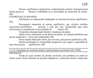 135
           Pessoas significativas demonstram comportamento protetor desproporcional
(muito pouco ou       demais) à habilidade ou à necessidade de autonomia do cliente.
(M)
FATORES RELACIONADOS:
           Informação ou compreensão inadequada ou incorreta de pessoa significativa;
(M)
           Preocupação temporária de pessoa significativa, que vivência conflitos
emocionais ou problemas           pessoais e está, por isso, incapacitada para atuar
efetivamente no atendimento às necessidades do         cliente; (M)
           Temporária desorganização familiar e mudanças de papéis;
           Outras crises situacionais ou de desenvolvimento, ou situações-problema que
pessoa significativa possa estar enfrentando; (M)
           Pouco suporte dado pelo cliente, por seu turno, para pessoa significativa; (M)
           Doença prolongada ou incapacidade progressiva que esgota a capacidade de
apoio das pessoas     significativas. (M)

5.1.2.2- Estratégias de resolução familiar: potencial para crescimento (M) (1980)
DEFINIÇÃO:
           Estado no qual membro da família envolvido com problema de saúde do
cliente exerce efetivo domínio em questões adaptativas, e demonstra desejo e disposição
 