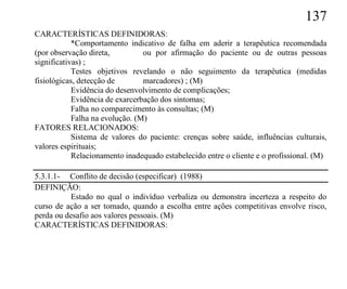 137
CARACTERÍSTICAS DEFINIDORAS:
            *Comportamento indicativo de falha em aderir a terapêutica recomendada
(por observação direta,          ou por afirmação do paciente ou de outras pessoas
significativas) ;
            Testes objetivos revelando o não seguimento da terapêutica (medidas
fisiológicas, detecção de        marcadores) ; (M)
            Evidência do desenvolvimento de complicações;
            Evidência de exarcerbação dos sintomas;
            Falha no comparecimento às consultas; (M)
            Falha na evolução. (M)
FATORES RELACIONADOS:
            Sistema de valores do paciente: crenças sobre saúde, influências culturais,
valores espirituais;
            Relacionamento inadequado estabelecido entre o cliente e o profissional. (M)

5.3.1.1- Conflito de decisão (especificar) (1988)
DEFINIÇÃO:
          Estado no qual o indivíduo verbaliza ou demonstra incerteza a respeito do
curso de ação a ser tomado, quando a escolha entre ações competitivas envolve risco,
perda ou desafio aos valores pessoais. (M)
CARACTERÍSTICAS DEFINIDORAS:
 
