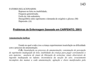 143
FATORES RELACIONADOS:
       Repouso no leito ou imobilidade;
       Fraqueza generalizada;
       Estilo de vida sedentária;
       Desequilíbrio entre suprimento e demanda de oxigênio e glicose; (M)
       Depressão. (A)


    Problemas de Enfermagem (baseado em CARPENITO, 2001)


Amamentação ineficaz


          Estado no qual a mãe e/ou a criança experimentam insatisfação ou dificuldade
com o processo de amamentação.
          C.D.: Insatisfação no processo de amamentação; constatação de percepção
de suprimento inadequado de leite; inabilidade da criança para pegar corretamente o
seio materno; ausência de sinais de liberação de ocitocina; sinais observáveis de
ingestão inadequada no infante; inconstância da sucção do seio; esvaziamento
incompleto das mamas a cada amamentação; agitação e choro manifestados pela
 