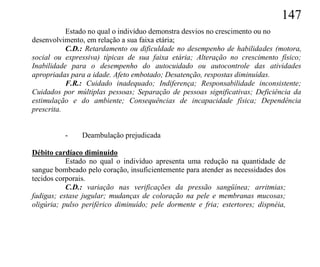 147
           Estado no qual o indivíduo demonstra desvios no crescimento ou no
desenvolvimento, em relação a sua faixa etária;
           C.D.: Retardamento ou dificuldade no desempenho de habilidades (motora,
social ou expressiva) típicas de sua faixa etária; Alteração no crescimento físico;
Inabilidade para o desempenho do autocuidado ou autocontrole das atividades
apropriadas para a idade. Afeto embotado; Desatenção, respostas diminuídas.
           F.R.: Cuidado inadequado; Indiferença; Responsabilidade inconsistente;
Cuidados por múltiplas pessoas; Separação de pessoas significativas; Deficiência da
estimulação e do ambiente; Consequências de incapacidade física; Dependência
prescrita.


          -     Deambulação prejudicada

Débito cardíaco diminuído
           Estado no qual o indivíduo apresenta uma redução na quantidade de
sangue bombeado pelo coração, insuficientemente para atender as necessidades dos
tecidos corporais.
           C.D.: variação nas verificações da pressão sangüínea; arritmias;
fadigas; estase jugular; mudanças de coloração na pele e membranas mucosas;
oligúria; pulso periférico diminuído; pele dormente e fria; estertores; dispnéia,
 