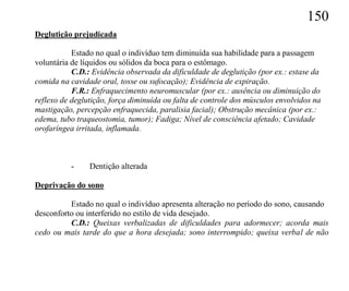 150
Deglutição prejudicada

           Estado no qual o indivíduo tem diminuída sua habilidade para a passagem
voluntária de líquidos ou sólidos da boca para o estômago.
           C.D.: Evidência observada da dificuldade de deglutição (por ex.: estase da
comida na cavidade oral, tosse ou sufocação); Evidência de expiração.
           F.R.: Enfraquecimento neuromuscular (por ex.: ausência ou diminuição do
reflexo de deglutição, força diminuída ou falta de controle dos músculos envolvidos na
mastigação, percepção enfraquecida, paralisia facial); Obstrução mecânica (por ex.:
edema, tubo traqueostomia, tumor); Fadiga; Nível de consciência afetado; Cavidade
orofaríngea irritada, inflamada.



          -     Dentição alterada

Deprivação do sono

          Estado no qual o indivíduo apresenta alteração no período do sono, causando
desconforto ou interferido no estilo de vida desejado.
          C.D.: Queixas verbalizadas de dificuldades para adormecer; acorda mais
cedo ou mais tarde do que a hora desejada; sono interrompido; queixa verbal de não
 