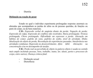 152
          -     Diarréia

Disfunção na reação de pesar


           Estado no qual o indivíduo experimenta prolongadas respostas anormais ou
alteradas que acompanham as perdas de afeto ou de pessoas queridas, de funções ou
parte do corpo, ou de bens materiais.
           C.D.: Expressão verbal de angústia diante da perda; Negação de perda;
Expressão de culpa; Expressão de conflitos não resolvidos; Raiva prolongada; Tristeza
prolongada; Choro prolongado; Dificuldade em expressar a perda; Alteração em
hábitos de comer, padrão do sono, padrões de sonho, nível de atividade, libido;
Idealização do objeto de perda; Recordação de experiências passadas; Interferência nas
atividades cotidianas; Regressão no desenvolvimento; Afeto lábil; Alterações na
concentração e/ou no desempenho de tarefas.
           F.R.: Perda real ou percebida de objeto (a palavra objeto é usada no sentido
mais amplo incluindo pessoas, bens, trabalho, status, lar, ideais, partes e processos do
corpo, entre outros); Doença crônica fatal.

          -     Disfunção sexual
          -     Disrreflexia
 
