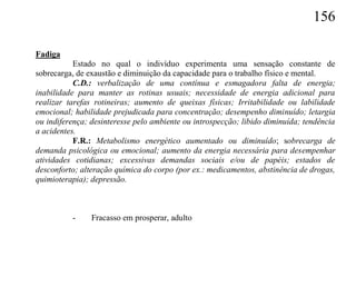 156

Fadiga
           Estado no qual o indivíduo experimenta uma sensação constante de
sobrecarga, de exaustão e diminuição da capacidade para o trabalho físico e mental.
           C.D.: verbalização de uma contínua e esmagadora falta de energia;
inabilidade para manter as rotinas usuais; necessidade de energia adicional para
realizar tarefas rotineiras; aumento de queixas físicas; Irritabilidade ou labilidade
emocional; habilidade prejudicada para concentração; desempenho diminuído; letargia
ou indiferença; desinteresse pelo ambiente ou introspecção; libido diminuída; tendência
a acidentes.
           F.R.: Metabolismo energético aumentado ou diminuído; sobrecarga de
demanda psicológica ou emocional; aumento da energia necessária para desempenhar
atividades cotidianas; excessivas demandas sociais e/ou de papéis; estados de
desconforto; alteração química do corpo (por ex.: medicamentos, abstinência de drogas,
quimioterapia); depressão.



          -     Fracasso em prosperar, adulto
 