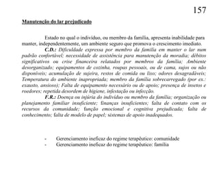 157
Manutenção do lar prejudicado


            Estado no qual o indivíduo, ou membro da família, apresenta inabilidade para
manter, independentemente, um ambiente seguro que promova o crescimento imediato.
            C.D.: Dificuldade expressa por membro da familía em manter o lar num
padrão confortável; necessidade de assistência para manutenção da moradia; débitos
significativos ou crise financeira relatados por membros da família; Ambiente
desorganizado; equipamentos de cozinha, roupas pessoais, ou de cama, sujos ou não
disponíveis; acumulação de sujeira, restos de comida ou lixo; odores desagradáveis;
Temperatura do ambiente inapropriada; membro da família sobrecarregado (por ex.:
exausto, ansioso); Falta de equipamento necessário ou de apoio; presença de insetos e
roedores; repetida desordem de higiene, infestação ou infecção.
            F.R.: Doença ou injúria do indivíduo ou membro da família; organização ou
planejamento familiar insuficiente; finanças insuficientes; falta de contato com os
recursos da comunidade; função emocional e cognitiva prejudicada; falta de
conhecimento; falta de modelo de papel; sistemas de apoio inadequados.



          -     Gerenciamento ineficaz do regime terapêutico: comunidade
          -     Gerenciamento ineficaz do regime terapêutico: família
 