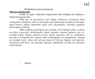 162
          -      Mobilidade no leito prejudicada
Mucosa oral alterada
          Estado no qual o indivíduo experimenta uma mudança na estrutura e
função da mucosa oral.
          C.D.: dor ou desconforto oral; língua saburrosa; xerostomia (boca
ressequida); estomatite; lesão ou ulceração oral; diminuição ou falta de salivação;
placa branca; edema; hiperemia; placa oral; descamação; vesículas; gengivite
hemorrágica; halitose.
          F.R.: condições patológicas da cavidade oral (radiação sobre a cabeça
ou sobre o pescoço); desidratação; dentes cariados; trauma (químico, por ex.:
comidas ácidas, drogas, agentes nocivos, álcool; mecânico, por ex.: dentaduras
que não se encaixam bem, suporte, tubos endotraqueal, ou nasogástrico, cirurgia
na cavidade oral) ; dieta oral zero por mais de 24 horas; higiene oral inefetiva;
respiração pela boca; má nutrição; infecção; diminuição ou falta de salivação;
medicamento.




          -     Náusea
 