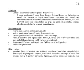 21
Material:
-   Bandeja ou carrinho contendo pacote de curativos:
    -     1 pinça anatômica; 1 pinça dente de rato; 1 pinça Kocher ou Kelly; tesoura
          estéril s/n; pacotes de gases esterilizados; micropore ou esparadrapo;
          almotolia com éter ou benzina; almotolia com soluções anti-sépticas, SF 0.9%
          E PVPI; saco para lixo; atadura de crepe ou gaze s/n; pomadas, seringa,
          algodão e espátula s/n; luvas de procedimento.

Procedimentos
-    fixar o saco para lxo em loca conveniente;
-    abrir o pacote estéril com técnica e dispor as pinças;
-    colocar gaze em quantidade suficiente, dentro do campo;
-    remover ocurativo com a pinça dente de rato, Kelly ou luva de procedimento e uma
     gaze embebida em benzina ou SF (se houver aderência);
-    limpar com SF e fazer anti-sepsia com PVPI ou curativo disponível;
-    cobrir com gaze estéril.

Observações
-   quando a ferida encontra-se com tecido de granulação (sensível) é contra-indicado
    a utilização de gaze para a limpeza, neste caso, recomenda-se irrigar a ferida com
    SF; se o pacote de curativo apresentar 4 pinças, despreza-se as duas utilizadas para
 