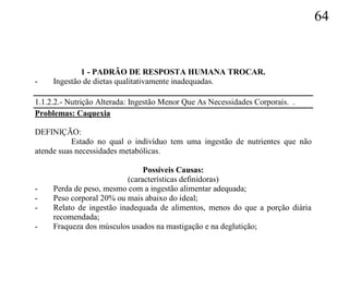 64


             1 - PADRÃO DE RESPOSTA HUMANA TROCAR.
-    Ingestão de dietas qualitativamente inadequadas.

1.1.2.2.- Nutrição Alterada: Ingestão Menor Que As Necessidades Corporais. .
Problemas: Caquexia

DEFINIÇÃO:
           Estado no qual o indivíduo tem uma ingestão de nutrientes que não
atende suas necessidades metabólicas.

                               Possíveis Causas:
                          (características definidoras)
-    Perda de peso, mesmo com a ingestão alimentar adequada;
-    Peso corporal 20% ou mais abaixo do ideal;
-    Relato de ingestão inadequada de alimentos, menos do que a porção diária
     recomendada;
-    Fraqueza dos músculos usados na mastigação e na deglutição;
 
