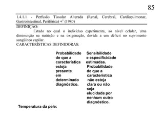 85
1.4.1.1 - Perfusão Tissular Alterada (Renal, Cerebral, Cardiopulmonar,
Gastrointestinal, Periférica) ++ (1980)
DEFINIÇÃO:
           Estado no qual o indivíduo experimenta, ao nível celular, uma
diminuição na nutrição e na oxigenação, devida a um déficit no suprimento
sangüíneo capilar.
CARACTERÍSTICAS DEFINIDORAS:

                      Probabilidade    Sensibilidade
                      de que a         e especificidade
                      característica   estimadas.
                      esteja           Probabilidade
                      presente         de que a
                      em               característica
                      determinado       não esteja
                      diagnóstico.     clara ou não
                                       seja
                                       elucidada por
                                       nenhum outro
                                       diagnóstico.
Temperatura da pele:
 
