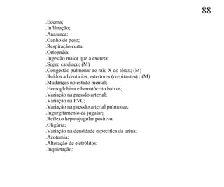 88
.Edema;
.Infiltração;
.Anasarca;
.Ganho de peso;
.Respiração curta;
.Ortopnéia;
.Ingestão maior que a excreta;
.Sopro cardíaco; (M)
.Congestão pulmonar ao raio X do tórax; (M)
.Ruídos adventícios, estertores (crepitantes) ; (M)
.Mudanças no estado mental;
.Hemoglobina e hematócrito baixos;
.Variação na pressão arterial;
.Variação na PVC;
.Variação na pressão arterial pulmonar;
.Ingurgitamento da jugular;
.Reflexo hepatojugular positivo;
.Oligúria;
.Variação na densidade específica da urina;
.Azotemia;
.Alteração de eletrólitos;
.Inquietação;
 