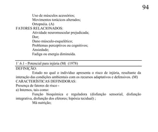 94
       Uso de músculos acessórios;
       Movimentos torácicos alterados;
       Ortopnéia. (A)
FATORES RELACIONADOS:
       Atividade neuromuscular prejudicada;
       Dor;
       Dano músculo-esquelético;
       Problemas perceptivos ou cognitivos;
       Ansiedade;
       Fadiga ou energia diminuída.

1`.6.1 - Potencial para injúria (M( (1978)
DEFINIÇÃO:
            Estado no qual o indivíduo apresenta o risco de injúria, resultante da
interação das condições ambientais com os recursos adaptativos e defensivos. (M)
CARACTERÍSTICAS DEFINIDORAS:
Presença de fatores de risco -
a) Internos, tais como:
            Função bioquímica e reguladora (disfunção sensorial, disfunção
integrativa, disfunção dos efetores; hipóxia tecidual) ;
            Má nutrição;
 