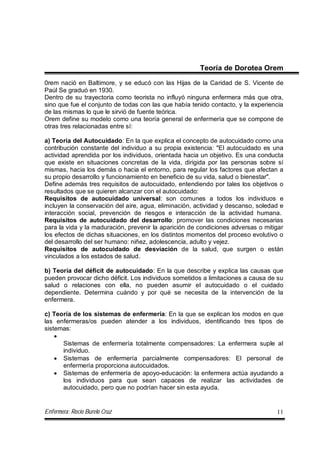 Enfermera: Rocío Burelo Cruz 11
Teoría de Dorotea Orem
0rem nació en Baltimore, y se educó con las Hijas de la Caridad de S. Vicente de
Paúl Se graduó en 1930.
Dentro de su trayectoria como teorista no influyó ninguna enfermera más que otra,
sino que fue el conjunto de todas con las que había tenido contacto, y la experiencia
de las mismas lo que le sirvió de fuente teórica.
Orem define su modelo como una teoría general de enfermería que se compone de
otras tres relacionadas entre sí:
a) Teoría del Autocuidado: En la que explica el concepto de autocuidado como una
contribución constante del individuo a su propia existencia: "El autocuidado es una
actividad aprendida por los individuos, orientada hacia un objetivo. Es una conducta
que existe en situaciones concretas de la vida, dirigida por las personas sobre sí
mismas, hacia los demás o hacia el entorno, para regular los factores que afectan a
su propio desarrollo y funcionamiento en beneficio de su vida, salud o bienestar".
Define además tres requisitos de autocuidado, entendiendo por tales los objetivos o
resultados que se quieren alcanzar con el autocuidado:
Requisitos de autocuidado universal: son comunes a todos los individuos e
incluyen la conservación del aire, agua, eliminación, actividad y descanso, soledad e
interacción social, prevención de riesgos e interacción de la actividad humana.
Requisitos de autocuidado del desarrollo: promover las condiciones necesarias
para la vida y la maduración, prevenir la aparición de condiciones adversas o mitigar
los efectos de dichas situaciones, en los distintos momentos del proceso evolutivo o
del desarrollo del ser humano: niñez, adolescencia, adulto y vejez.
Requisitos de autocuidado de desviación de la salud, que surgen o están
vinculados a los estados de salud.
b) Teoría del déficit de autocuidado: En la que describe y explica las causas que
pueden provocar dicho déficit. Los individuos sometidos a limitaciones a causa de su
salud o relaciones con ella, no pueden asumir el autocuidado o el cuidado
dependiente. Determina cuándo y por qué se necesita de la intervención de la
enfermera.
c) Teoría de los sistemas de enfermería: En la que se explican los modos en que
las enfermeras/os pueden atender a los individuos, identificando tres tipos de
sistemas:

Sistemas de enfermería totalmente compensadores: La enfermera suple al
individuo.
 Sistemas de enfermería parcialmente compensadores: El personal de
enfermería proporciona autocuidados.
 Sistemas de enfermería de apoyo-educación: la enfermera actúa ayudando a
los individuos para que sean capaces de realizar las actividades de
autocuidado, pero que no podrían hacer sin esta ayuda.
 