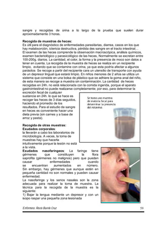 Enfermera: Rocío Burelo Cruz 59
sangre y recogidas de orina a lo largo de la prueba que suelen durar
aproximadamente 3 horas.
Recogida de muestras de heces:
Es útil para el diagnóstico de enfermedades parasitarias, diarrea, casos en los que
hay malabsorción, ictericia destructiva, pérdida des sangre en el tracto intestinal…
El examen de las heces comprende la observación macroscópica, análisis químicos,
examen bacteriológico y parasicológico de las heces, Normalmente se excretan entre
100-200g. diarios. La cantidad, el color, la forma y la presencia de moco son datos a
tener en cuenta. La recogida de la muestra de heces se realiza en un recipiente
limpio, evitando que se contamine con orina, ya que esta podría afectar a algunos
parásitos Se recoge a partir del recipiente cara un utensilio de transporte con ayuda
de un depresor lingual que estará limpio. En niños menores de 2 años se utiliza un
sistema que consiste en una bolsa de plástico que se adhiere la goma anal del niño,
de esta manera se recoge a muestra sin contaminación. La cantidad de heces
recogidas en 24h. no está relacionada con la comida ingerida, porque el aparato
gastrointestinal no puede realizarse completamente; por eso, para determinar la
excreción fecal de cualquier
sustancia en 24h. lo que se hace es
recoger las heces de 3 días seguidos,
haciendo el promedio de los
resultados. Para el estudio de sangre
en heces es conveniente hacer una
dieta previa (sin carnes y a base de
arroz y pasta).
Recogida de otras muestras:
Exudados corporales:
la llevarán a cabo los laboratorios de
microbiología. A veces, la toma de
muestras hay que hacerla
intuitivamente porque la lesión no está
a la vista.
Exudados nasofaríngeos: La faringe tiene
gérmenes que constituyen la flora
saprofita (gérmenes no malignos) pero que pueden
causar enfermedades cuando
se encuentran aumentados en número.
Sin embargo, hay gérmenes que aunque estén en
pequeña cantidad no son normales y pueden causar
enfermedad.
La nasofaringe y los senos nasales son la zona
adecuada para realizar la toma de muestra. La
técnica para la recogida de la muestra es la
siguiente:
1) Bajar la lengua mediante un depresor y con un
isopo raspar una pequeña zona lesionada
 