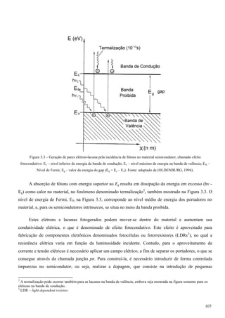 Figura 3.3 – Geração de pares elétron-lacuna pela incidência de fótons no material semicondutor, chamado efeito
fotocondutivo: Ec – nível inferior de energia da banda de condução; Ev – nível máximo de energia na banda de valência; Efe –
Nível de Fermi; Eg – valor da energia do gap (Eg = Ec – Ev). Fonte: adaptado de (OLDENBURG, 1994).
A absorção de fótons com energia superior ao Eg resulta em dissipação da energia em excesso (hν -
Eg) como calor no material, no fenômeno denominado termalização2
, também mostrado na Figura 3.3. O
nível de energia de Fermi, Efe na Figura 3.3, corresponde ao nível médio de energia dos portadores no
material, e, para os semicondutores intrínsecos, se situa no meio da banda proibida.
Estes elétrons e lacunas fotogerados podem mover-se dentro do material e aumentam sua
condutividade elétrica, o que é denominado de efeito fotocondutivo. Este efeito é aproveitado para
fabricação de componentes eletrônicos denominados fotocélulas ou fotorresistores (LDRs3
), no qual a
resistência elétrica varia em função da luminosidade incidente. Contudo, para o aproveitamento de
corrente e tensão elétricas é necessário aplicar um campo elétrico, a fim de separar os portadores, o que se
consegue através da chamada junção pn. Para construí-la, é necessário introduzir de forma controlada
impurezas no semicondutor, ou seja, realizar a dopagem, que consiste na introdução de pequenas
2
A termalização pode ocorrer também para as lacunas na banda de valência, embora seja mostrada na figura somente para os
elétrons na banda de condução.
3
LDR – light dependent resistor.
107
 