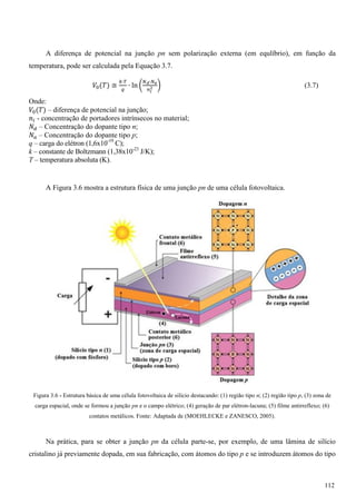 A diferença de potencial na junção pn sem polarização externa (em equlíbrio), em função da
temperatura, pode ser calculada pela Equação 3.7.
ܸ଴(ܶ) ≅
௞∙்
௤
∙ ln ൬
ே೏∙ேೌ
௡೔
మ ൰ (3.7)
Onde:
ܸ଴(ܶ) – diferença de potencial na junção;
݊௜ - concentração de portadores intrínsecos no material;
ܰௗ – Concentração do dopante tipo n;
ܰ௔ – Concentração do dopante tipo p;
q – carga do elétron (1,6x10-19
C);
k – constante de Boltzmann (1,38x10-23
J/K);
T – temperatura absoluta (K).
A Figura 3.6 mostra a estrutura física de uma junção pn de uma célula fotovoltaica.
Figura 3.6 - Estrutura básica de uma célula fotovoltaica de silício destacando: (1) região tipo n; (2) região tipo p, (3) zona de
carga espacial, onde se formou a junção pn e o campo elétrico; (4) geração de par elétron-lacuna; (5) filme antirreflexo; (6)
contatos metálicos. Fonte: Adaptada de (MOEHLECKE e ZANESCO, 2005).
Na prática, para se obter a junção pn da célula parte-se, por exemplo, de uma lâmina de silício
cristalino já previamente dopada, em sua fabricação, com átomos do tipo p e se introduzem átomos do tipo
112
 