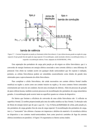 Figura 3.7 – Corrente fotogerada na junção pn iluminada (célula fotovoltaica): (1) par elétron-lacuna gerado na região de carga
espacial; (2) par gerado fora da região de carga espacial; (3) recombinação, sendo mostrada à direita a recombinação direta, e à
esquerda a recombinação indireta. Fonte: adaptado de (OLDENBURG, 1994).
Esta separação dos portadores de carga pela junção pn dá origem ao efeito fotovoltaico, que é a
conversão de energia luminosa em energia elétrica associada a uma corrente elétrica e uma diferença de
potencial. Este efeito na verdade ocorre em qualquer diodo semicondutor que for exposto à radiação,
portanto, as células fotovoltaicas podem ser entendidas essencialmente como diodos de grande área
otimizados para o aproveitamento do efeito fotovoltaico.
Para completar a célula fotovoltaica, são ainda necessários um contato elétrico frontal (malha
metálica) na região n, assim como um contato traseiro na região p. Se esses contatos forem conectados
externamente por meio de um condutor, haverá uma circulação de elétrons. Além do processo de geração
de pares elétron-lacuna, também ocorrem processos de recombinação dos portadores de carga minoritários
gerados. A recombinação pode ocorrer tanto na superfície quanto no volume do dispositivo.
Os fatores que limitam a eficiência de conversão de uma célula fotovoltaica são: 1) reflexão na
superfície frontal; 2) sombra proporcionada pela área da malha metálica na face frontal; 3) absorção nula
de fótons de energia menor que do que o gap (Ef < Eg); 4) baixa probabilidade de coleta, pela junção pn,
dos portadores de carga gerados fora da zona de carga espacial; 5) recombinação dos portadores de carga,
isto é, o “reencontro” dos elétrons e lacunas em impurezas e defeitos do material e 6) resistência elétrica
no dispositivo e nos contatos metal-semicondutor, bem como possíveis caminhos de fuga da corrente
elétrica (resistência em paralelo). A Figura 3.8 esquematiza os fatores acima citados.
114
 