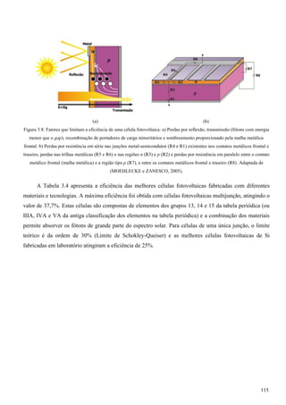 (a) (b)
Figura 3.8. Fatores que limitam a eficiência de uma célula fotovoltaica: a) Perdas por reflexão, transmissão (fótons com energia
menor que o gap), recombinação de portadores de carga minoritários e sombreamento proporcionado pela malha metálica
frontal. b) Perdas por resistência em série nas junções metal-semicondutor (R4 e R1) existentes nos contatos metálicos frontal e
traseiro, perdas nas trilhas metálicas (R5 e R6) e nas regiões n (R3) e p (R2) e perdas por resistência em paralelo entre o contato
metálico frontal (malha metálica) e a região tipo p (R7), e entre os contatos metálicos frontal e traseiro (R8). Adaptada de
(MOEHLECKE e ZANESCO, 2005).
A Tabela 3.4 apresenta a eficiência das melhores células fotovoltaicas fabricadas com diferentes
materiais e tecnologias. A máxima eficiência foi obtida com células fotovoltaicas multijunção, atingindo o
valor de 37,7%. Estas células são compostas de elementos dos grupos 13, 14 e 15 da tabela periódica (ou
IIIA, IVA e VA da antiga classificação dos elementos na tabela periódica) e a combinação dos materiais
permite absorver os fótons de grande parte do espectro solar. Para células de uma única junção, o limite
teórico é da ordem de 30% (Limite de Schokley-Queiser) e as melhores células fotovoltaicas de Si
fabricadas em laboratório atingiram a eficiência de 25%.
115
 