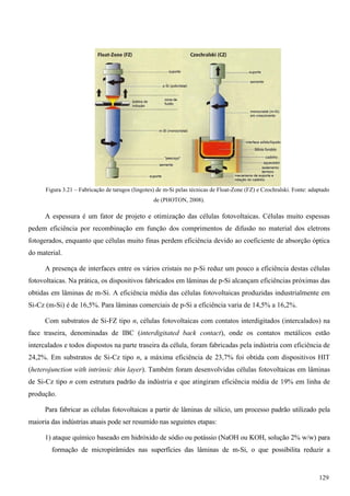 Figura 3.21 – Fabricação de tarugos (lingotes) de m-Si pelas técnicas de Float-Zone (FZ) e Czochralski. Fonte: adaptado
de (PHOTON, 2008).
A espessura é um fator de projeto e otimização das células fotovoltaicas. Células muito espessas
pedem eficiência por recombinação em função dos comprimentos de difusão no material dos eletrons
fotogerados, enquanto que células muito finas perdem eficiência devido ao coeficiente de absorção óptica
do material.
A presença de interfaces entre os vários cristais no p-Si reduz um pouco a eficiência destas células
fotovoltaicas. Na prática, os dispositivos fabricados em lâminas de p-Si alcançam eficiências próximas das
obtidas em lâminas de m-Si. A eficiência média das células fotovoltaicas produzidas industrialmente em
Si-Cz (m-Si) é de 16,5%. Para lâminas comerciais de p-Si a eficiência varia de 14,5% a 16,2%.
Com substratos de Si-FZ tipo n, células fotovoltaicas com contatos interdigitados (intercalados) na
face traseira, denominadas de IBC (interdigitated back contact), onde os contatos metálicos estão
intercalados e todos dispostos na parte traseira da célula, foram fabricadas pela indústria com eficiência de
24,2%. Em substratos de Si-Cz tipo n, a máxima eficiência de 23,7% foi obtida com dispositivos HIT
(heterojunction with intrinsic thin layer). Também foram desenvolvidas células fotovoltaicas em lâminas
de Si-Cz tipo n com estrutura padrão da indústria e que atingiram eficiência média de 19% em linha de
produção.
Para fabricar as células fotovoltaicas a partir de lâminas de silício, um processo padrão utilizado pela
maioria das indústrias atuais pode ser resumido nas seguintes etapas:
1) ataque químico baseado em hidróxido de sódio ou potássio (NaOH ou KOH, solução 2% w/w) para
formação de micropirâmides nas superfícies das lâminas de m-Si, o que possibilita reduzir a
129
 