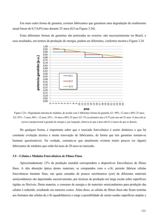 Em mais outra forma de garantia, existem fabricantes que garantem uma degradação de rendimento
anual linear de 0,7-0,8%/ano durante 25 anos (G3 na Figura 3.24).
Estas diferentes formas de garantias são praticadas no exterior, não necessariamente no Brasil, e
seus resultados, em termos de produção de energia, podem ser diferentes, conforme mostra a Figura 3.24.
Figura 3.24 – Degradação máxima de módulos, de acordo com 3 diferentes formas de garantia; G1: 90% -12 anos e 80% 25 anos;
G2: 95% - 5 anos, 90% - 12 anos, 85% - 18 anos e 80% 25 anos; G3: 3% no primeiro ano e 0,7% por ano até 25 anos. A área sob as
curvas é proporcional à geração de energia e, por inspeção, observa-se que a área sob G3 é maior do que as demais.
De qualquer forma, é importante saber que o mercado fotovoltaico é muito dinâmico e que há
constante evolução técnica e muita renovação de fabricantes, de forma que tais garantias tornam-se
bastante questionáveis. Na verdade, constata-se que atualmente existem muito poucos (se algum)
fabricantes de módulos que estão há mais de 20 anos no mercado.
3.5 – Células e Módulos Fotovoltaicos de Filmes Finos
Aproximadamente 12% da produção mundial correspondem a dispositivos fotovoltaicos de filmes
finos. A alta absorção óptica destes materiais, se comparados com o c-Si, permite fabricar células
fotovoltaicas bastante finas, nas quais camadas de poucos micrômetros (µm) de diferentes materiais
semicondutores são depositadas sucessivamente, por técnicas de produção em larga escala sobre superfícies
rígidas ou flexíveis. Desta maneira, o consumo de energia e de materiais semicondutores para produção das
células é reduzido, resultando em menores custos. Além disso, as células de filmes finos não ficam restritas
aos formatos das células de c-Si (quadriláteros) e surge a possibilidade de serem usadas superfícies amplas e
0,00
0,05
0,10
0,15
0,20
0,25
0,30
0,35
0,40
0,45
0,50
0,55
0,60
0,65
0,70
0,75
0,80
0,85
0,90
0,95
1,00
0
1
2
3
4
5
6
7
8
9
10
11
12
13
14
15
16
17
18
19
20
21
22
23
24
25
potenciagaratida(p.u.)
ano
G 1
G 2
G 3
133
 