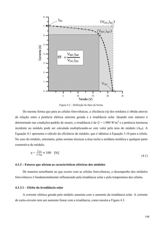 Figura 4.2 – Definição do fator de forma.
Da mesma forma que para as células fotovoltaicas, a eficiência (η) dos módulos é obtida através
da relação entre a potência elétrica máxima gerada e a irradiância solar. Quando este número é
determinado nas condições-padrão de ensaio, a irradiância é de G = 1.000 W/m2
e a potência luminosa
incidente no módulo pode ser calculada multiplicando-se este valor pela área do módulo (AM). A
Equação 4.1 apresenta o cálculo da eficiência do módulo, que é idêntica à Equação 3.10 para a célula.
No caso do módulo, entretanto, pelas normas técnicas a área inclui a moldura metálica e qualquer parte
construtiva do módulo.
(4.1)
4.1.3 – Fatores que afetam as características elétricas dos módulos
De maneira semelhante ao que ocorre com as células fotovoltaicas, o desempenho dos módulos
fotovoltaicos é fundamentalmente influenciado pela irradiância solar e pela temperatura das células.
4.1.3.1 – Efeito da irradiância solar
A corrente elétrica gerada pelo módulo aumenta com o aumento da irradiância solar. A corrente
de curto-circuito tem um aumento linear com a irradiância, como mostra a Figura 4.3.
148
 