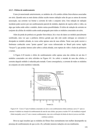 4.2.3 – Efeitos de sombreamento
Como já mencionado anteriormente, os módulos de c-Si contêm células fotovoltaicas associadas
em série. Quando uma ou mais destas células recebe menos radiação solar do que as outras da mesma
associação, sua corrente vai limitar a corrente de todo o conjunto série. Esta redução de radiação
incidente pode ocorrer por um sombreamento parcial do módulo, depósito de sujeira sobre o vidro, ou
algo que tenha caído sobre o módulo, dentre outras possibilidades. O efeito de redução de corrente no
conjunto de células do módulo acaba sendo propagado para todos os módulos conectados em série.
Além da perda de potência no gerador fotovoltaico, há o risco de danos ao módulo parcialmente
sombreado, uma vez que a potência elétrica gerada que não está sendo entregue ao consumo é
dissipada no módulo afetado, às vezes sobre apenas uma de suas células. Neste caso pode ocorrer o
fenômeno conhecido como “ponto quente” (por vezes referenciado no Brasil pelo termo inglês
“hotspot”), que produz intenso calor sobre a célula afetada, com ruptura do vidro e fusão de polímeros
e metais.
A Figura 4.10 mostra o efeito do sombreamento sobre apenas uma das células de um dos 4
módulos conectados em série referidos na Figura 4.8. Ao cobrir a metade de uma das células, a
corrente daquele módulo é reduzida pela metade. Como consequência, a corrente de todos os módulos
no conjunto em série também é reduzida.
Figura 4.10 – Curva I-V para 4 módulos conectados em série e sem sombreamento (linha contínua); curva I-V para os
mesmos 4 módulos na situação de sombreamento de uma de suas células, que passa a receber 50 % da irradiância original
(linha tracejada); curva I-V com o mesmo sombreamento, mas com a utilização de diodos de desvio (curvas com linha
contínua e pontos).
Deve-se aqui ressaltar que os módulos de filmes finos normalmente tem melhor desempenho na
presença de sombreamento do que os de c-Si, sofrendo menores reduções em seu rendimento.
159
 