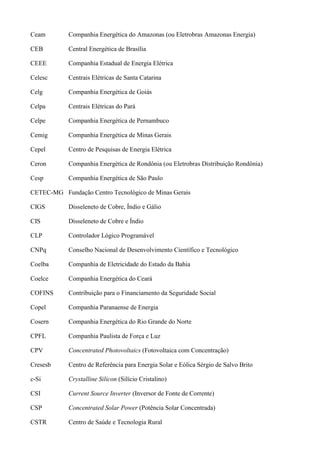 Ceam Companhia Energética do Amazonas (ou Eletrobras Amazonas Energia)
CEB Central Energética de Brasília
CEEE Companhia Estadual de Energia Elétrica
Celesc Centrais Elétricas de Santa Catarina
Celg Companhia Energética de Goiás
Celpa Centrais Elétricas do Pará
Celpe Companhia Energética de Pernambuco
Cemig Companhia Energética de Minas Gerais
Cepel Centro de Pesquisas de Energia Elétrica
Ceron Companhia Energética de Rondônia (ou Eletrobras Distribuição Rondônia)
Cesp Companhia Energética de São Paulo
CETEC-MG Fundação Centro Tecnológico de Minas Gerais
CIGS Disseleneto de Cobre, Índio e Gálio
CIS Disseleneto de Cobre e Índio
CLP Controlador Lógico Programável
CNPq Conselho Nacional de Desenvolvimento Científico e Tecnológico
Coelba Companhia de Eletricidade do Estado da Bahia
Coelce Companhia Energética do Ceará
COFINS Contribuição para o Financiamento da Seguridade Social
Copel Companhia Paranaense de Energia
Cosern Companhia Energética do Rio Grande do Norte
CPFL Companhia Paulista de Força e Luz
CPV Concentrated Photovoltaics (Fotovoltaica com Concentração)
Cresesb Centro de Referência para Energia Solar e Eólica Sérgio de Salvo Brito
c-Si Crystalline Silicon (Silício Cristalino)
CSI Current Source Inverter (Inversor de Fonte de Corrente)
CSP Concentrated Solar Power (Potência Solar Concentrada)
CSTR Centro de Saúde e Tecnologia Rural
 